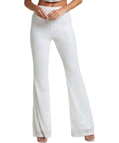 Women Sequin Flared Trousers High Waisted Sparkly Wide Leg Trousers Party Clubwear Shiny Bell Bottom Pants Flared White $15.2...