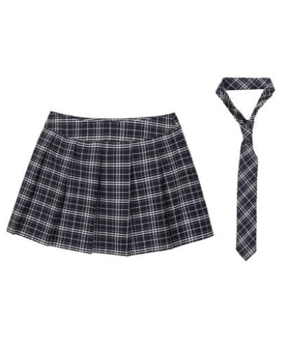 Women Summer Pleated Skirts Low Waist Mini Skirt Harajuku Preppy Style Plaid Skirts with Tie Navy Blue $6.50 Skirts