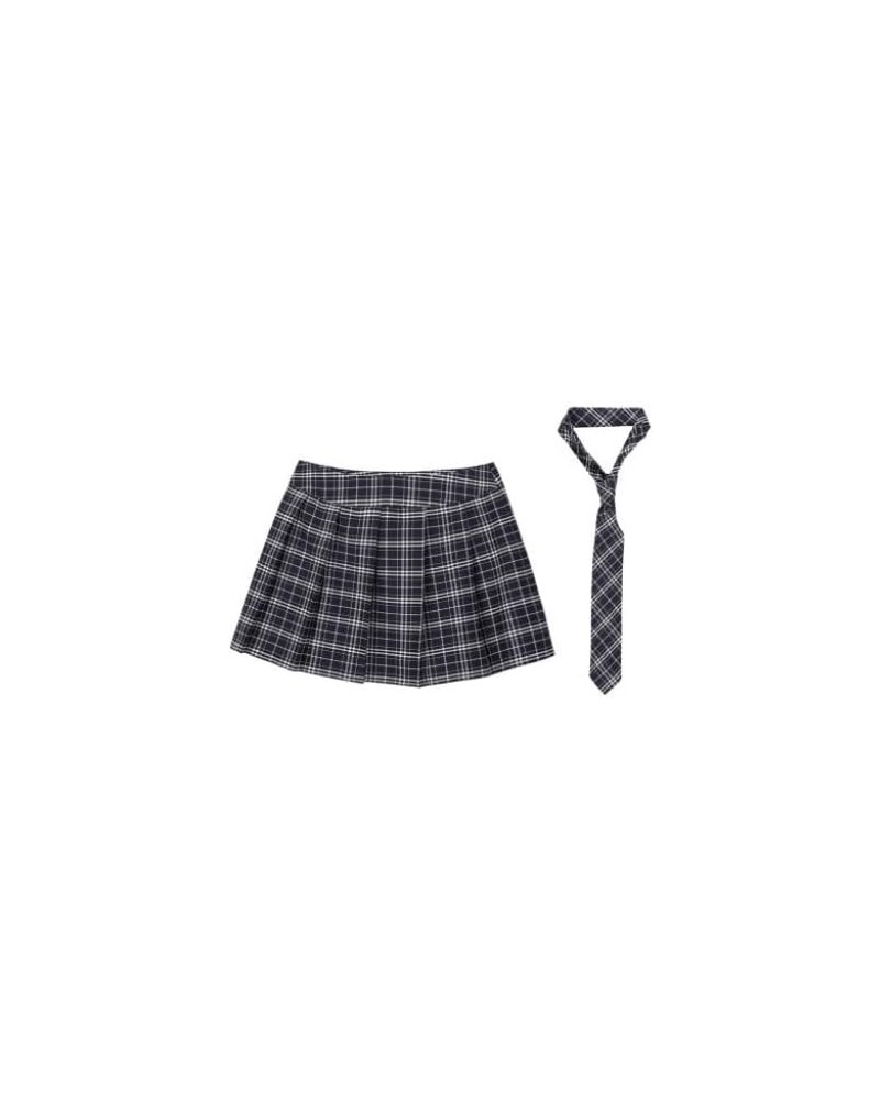 Women Summer Pleated Skirts Low Waist Mini Skirt Harajuku Preppy Style Plaid Skirts with Tie Navy Blue $6.50 Skirts