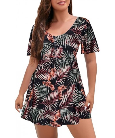 Womens One Piece Swimsuit Plus Size Short Sleeve Swimdress Ruched Bathing Suit with Built in Shorts Black Leaf $22.43 Swimsuits