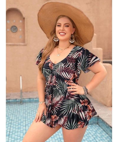 Womens One Piece Swimsuit Plus Size Short Sleeve Swimdress Ruched Bathing Suit with Built in Shorts Black Leaf $22.43 Swimsuits