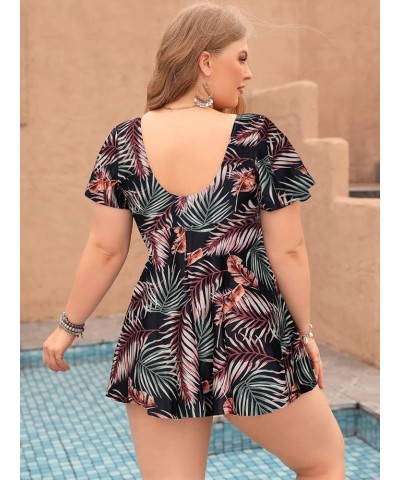 Womens One Piece Swimsuit Plus Size Short Sleeve Swimdress Ruched Bathing Suit with Built in Shorts Black Leaf $22.43 Swimsuits