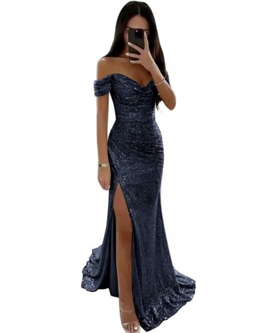 Off The Shoulder Prom Dresses 2024 Long Sparkly Sequin Mermaid Evening Gowns with Slit Navy Blue $37.40 Dresses