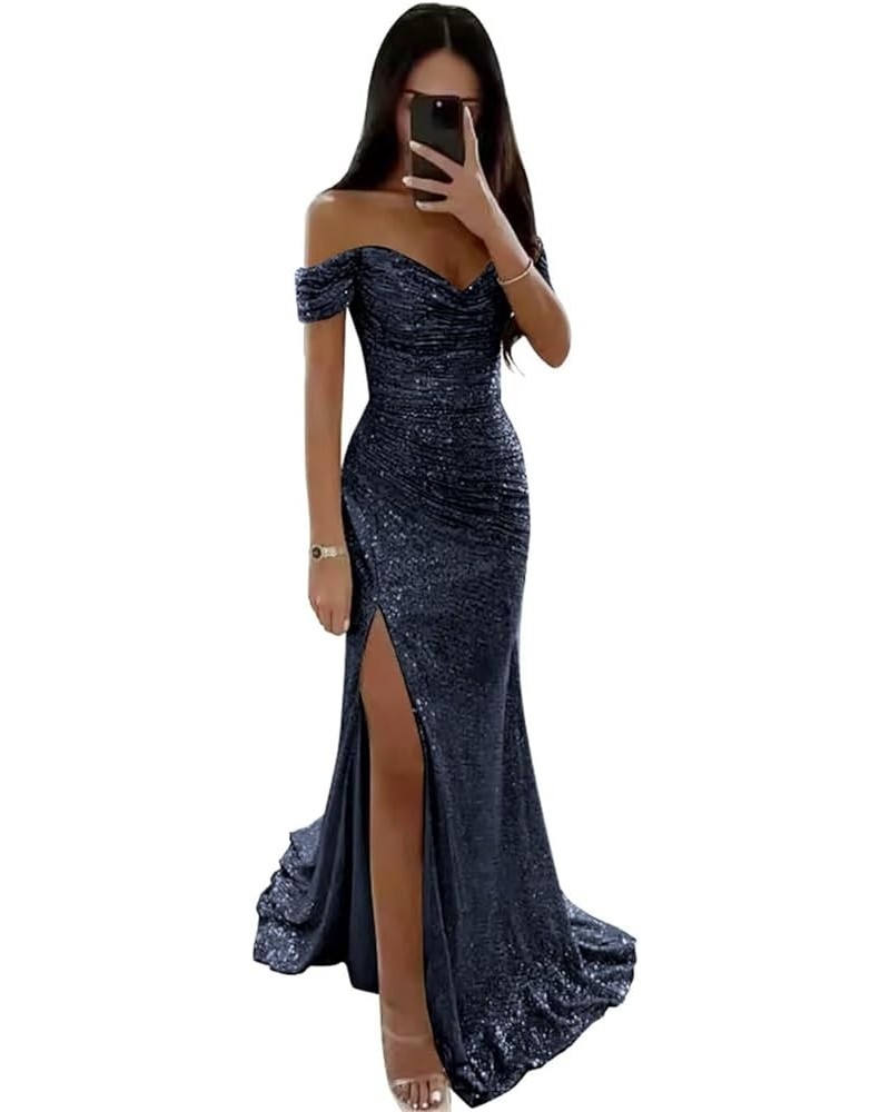 Off The Shoulder Prom Dresses 2024 Long Sparkly Sequin Mermaid Evening Gowns with Slit Navy Blue $37.40 Dresses