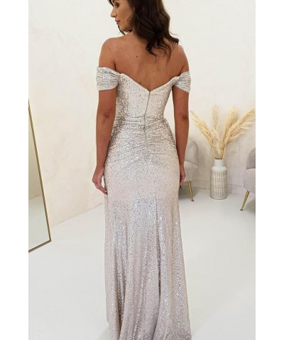 Off The Shoulder Prom Dresses 2024 Long Sparkly Sequin Mermaid Evening Gowns with Slit Navy Blue $37.40 Dresses