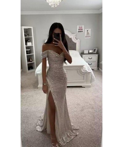 Off The Shoulder Prom Dresses 2024 Long Sparkly Sequin Mermaid Evening Gowns with Slit Navy Blue $37.40 Dresses