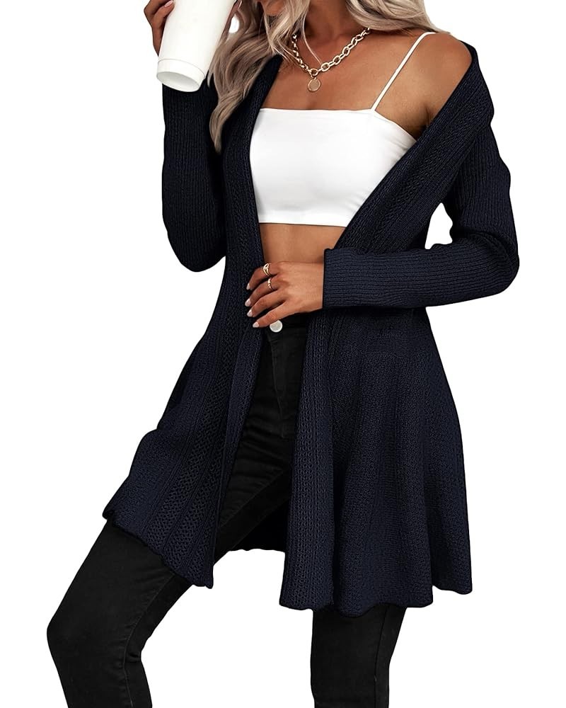 Women's Long Sleeve Cardigan Sweater Open Front Ruffle Hem Outerwear Solid Navy Blue $27.83 Sweaters