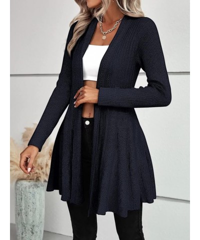 Women's Long Sleeve Cardigan Sweater Open Front Ruffle Hem Outerwear Solid Navy Blue $27.83 Sweaters