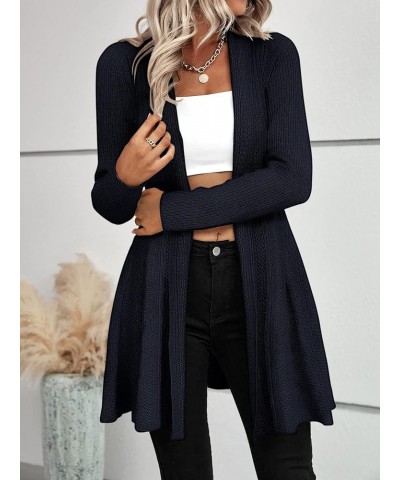 Women's Long Sleeve Cardigan Sweater Open Front Ruffle Hem Outerwear Solid Navy Blue $27.83 Sweaters