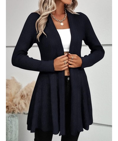 Women's Long Sleeve Cardigan Sweater Open Front Ruffle Hem Outerwear Solid Navy Blue $27.83 Sweaters