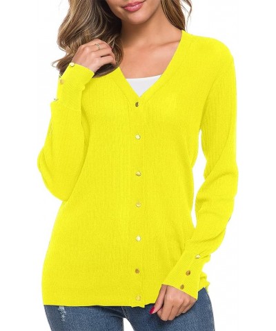 Women's Long Sleeve Soft Metallic Button Down V Neck Knit Sweater Cardigan Lemon Yellow $10.49 Sweaters