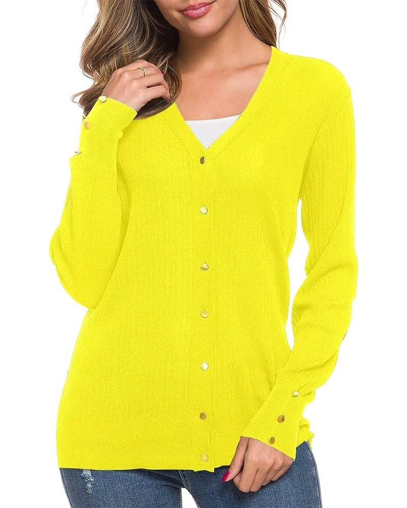 Women's Long Sleeve Soft Metallic Button Down V Neck Knit Sweater Cardigan Lemon Yellow $10.49 Sweaters