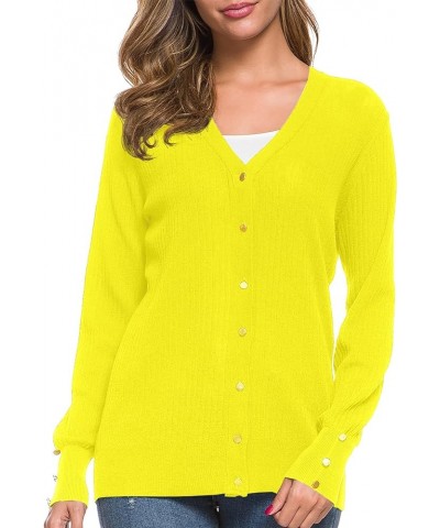 Women's Long Sleeve Soft Metallic Button Down V Neck Knit Sweater Cardigan Lemon Yellow $10.49 Sweaters