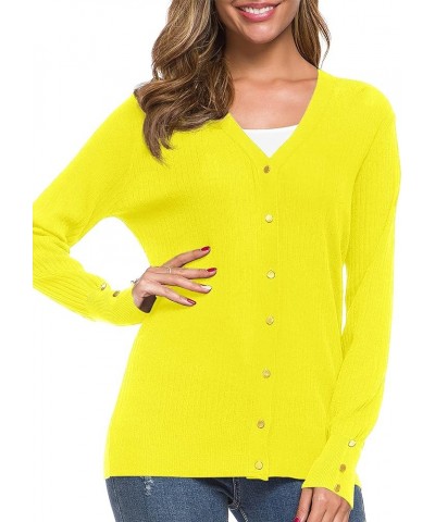 Women's Long Sleeve Soft Metallic Button Down V Neck Knit Sweater Cardigan Lemon Yellow $10.49 Sweaters