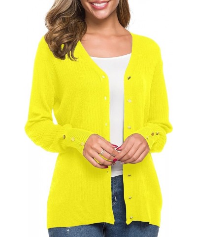 Women's Long Sleeve Soft Metallic Button Down V Neck Knit Sweater Cardigan Lemon Yellow $10.49 Sweaters