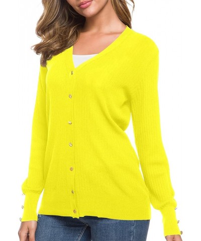 Women's Long Sleeve Soft Metallic Button Down V Neck Knit Sweater Cardigan Lemon Yellow $10.49 Sweaters