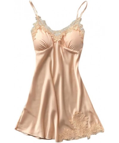 Satin Sleepwear Women Loose Full Slips Lace Nightgown Chemise Sleepwear Ladies Nightdress Lingerie with Chest Pads Beige $7.7...