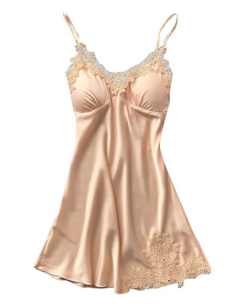 Satin Sleepwear Women Loose Full Slips Lace Nightgown Chemise Sleepwear Ladies Nightdress Lingerie with Chest Pads Beige $7.7...