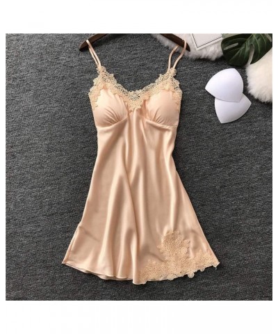 Satin Sleepwear Women Loose Full Slips Lace Nightgown Chemise Sleepwear Ladies Nightdress Lingerie with Chest Pads Beige $7.7...