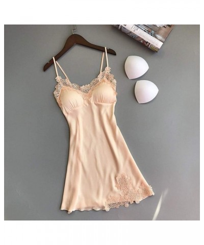 Satin Sleepwear Women Loose Full Slips Lace Nightgown Chemise Sleepwear Ladies Nightdress Lingerie with Chest Pads Beige $7.7...