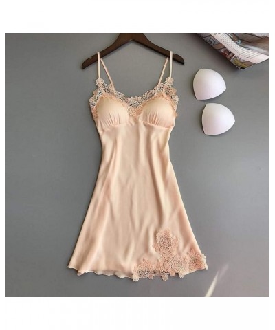 Satin Sleepwear Women Loose Full Slips Lace Nightgown Chemise Sleepwear Ladies Nightdress Lingerie with Chest Pads Beige $7.7...