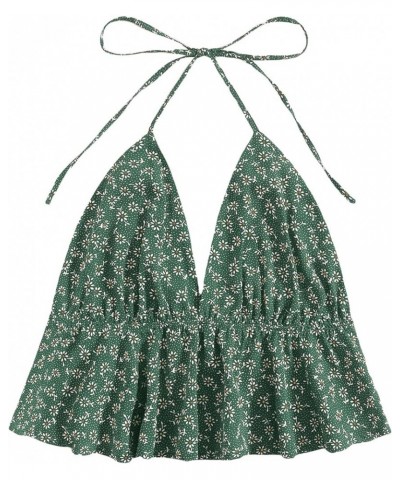 Women's Boho Ditsy Floral Tie Back Ruffle Hem Halter Cami Crop Top Dark Green $17.39 Tanks