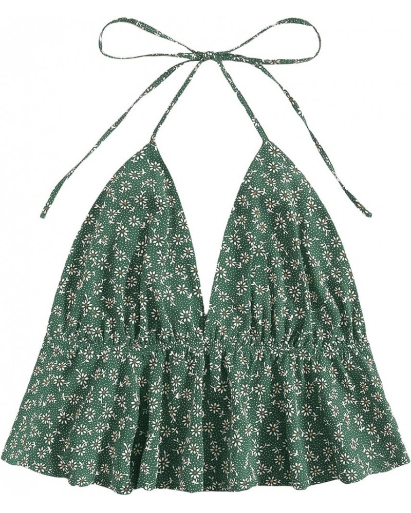 Women's Boho Ditsy Floral Tie Back Ruffle Hem Halter Cami Crop Top Dark Green $17.39 Tanks