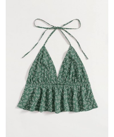 Women's Boho Ditsy Floral Tie Back Ruffle Hem Halter Cami Crop Top Dark Green $17.39 Tanks