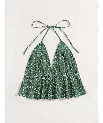 Women's Boho Ditsy Floral Tie Back Ruffle Hem Halter Cami Crop Top Dark Green $17.39 Tanks