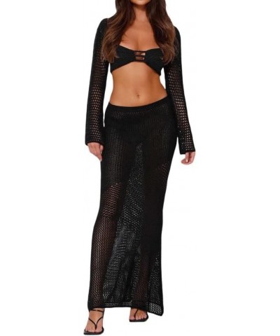 Y2k Knit Two Piece Skirt Set Long Sleeve Crochet Crop Top Split Knit Maxi Skirt Outfits Hollow Out Backless Suit A1-black $18...