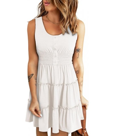 Womens Summer Dresses 2024 Sleeveless Button Down Smocked Elastic Waist Ruffle Tiered Casual Swing Mini Dress White $21.05 Dr...