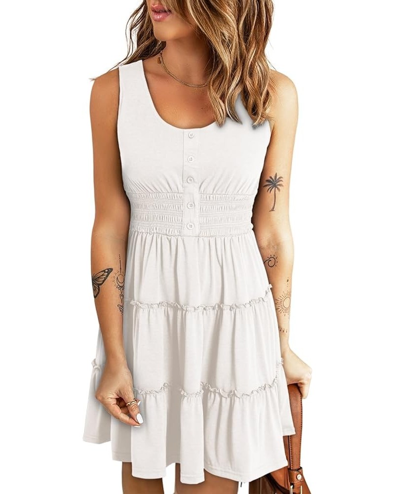 Womens Summer Dresses 2024 Sleeveless Button Down Smocked Elastic Waist Ruffle Tiered Casual Swing Mini Dress White $21.05 Dr...