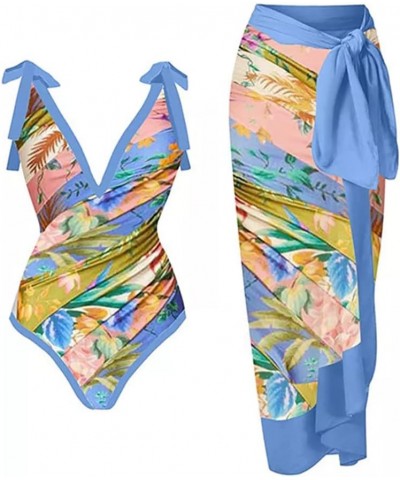 Womens One Piece Swimsuit with Swimsuit Coverup Wrap Skirt Floral Print V Neck Tummy Conrol Bathing Suit Monokini 2pc Blue $2...