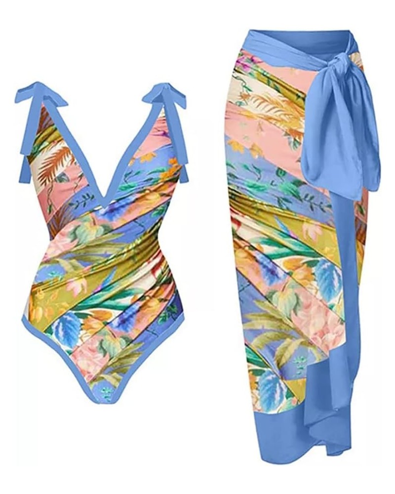 Womens One Piece Swimsuit with Swimsuit Coverup Wrap Skirt Floral Print V Neck Tummy Conrol Bathing Suit Monokini 2pc Blue $2...