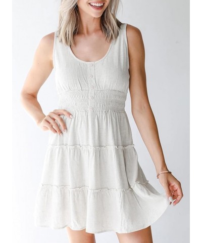 Womens Summer Dresses 2024 Sleeveless Button Down Smocked Elastic Waist Ruffle Tiered Casual Swing Mini Dress White $21.05 Dr...