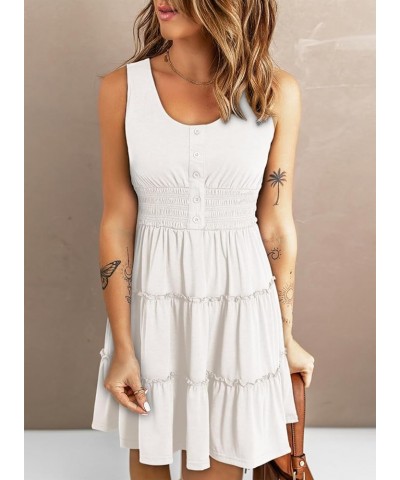 Womens Summer Dresses 2024 Sleeveless Button Down Smocked Elastic Waist Ruffle Tiered Casual Swing Mini Dress White $21.05 Dr...