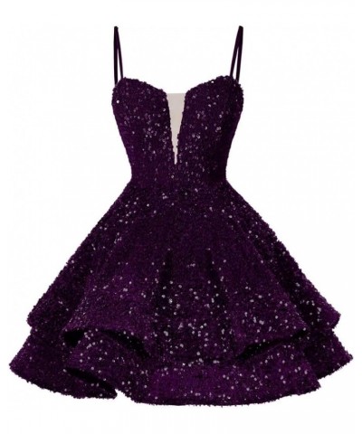 Teens Sequin Tiered Prom Dresses Short Homecoming Dresses 2024 Spaghetti Straps V Neck Cocktail Party Gown Plum $39.77 Dresses