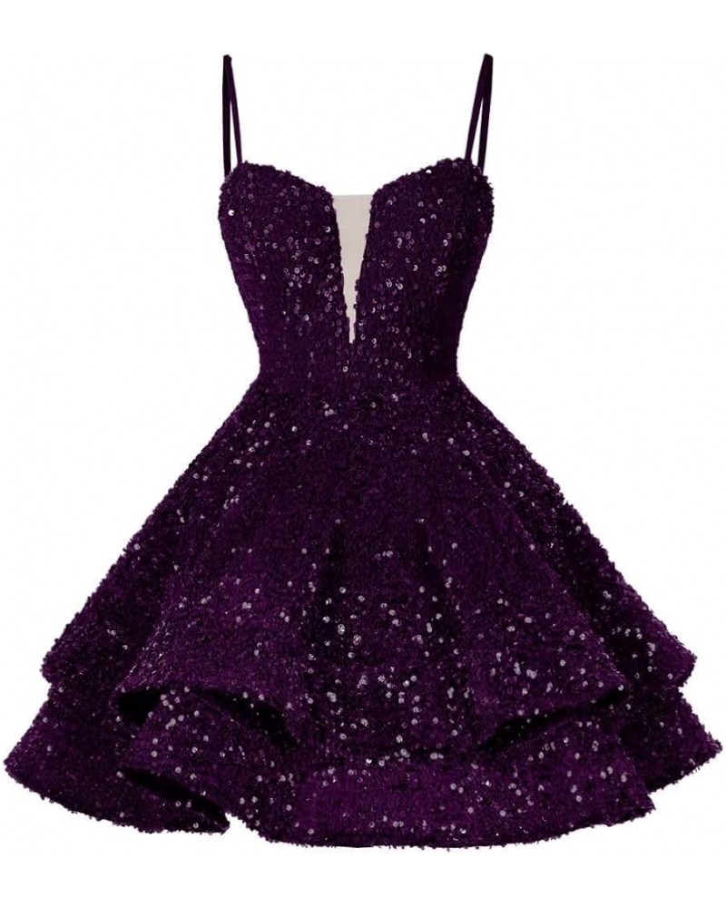 Teens Sequin Tiered Prom Dresses Short Homecoming Dresses 2024 Spaghetti Straps V Neck Cocktail Party Gown Plum $39.77 Dresses