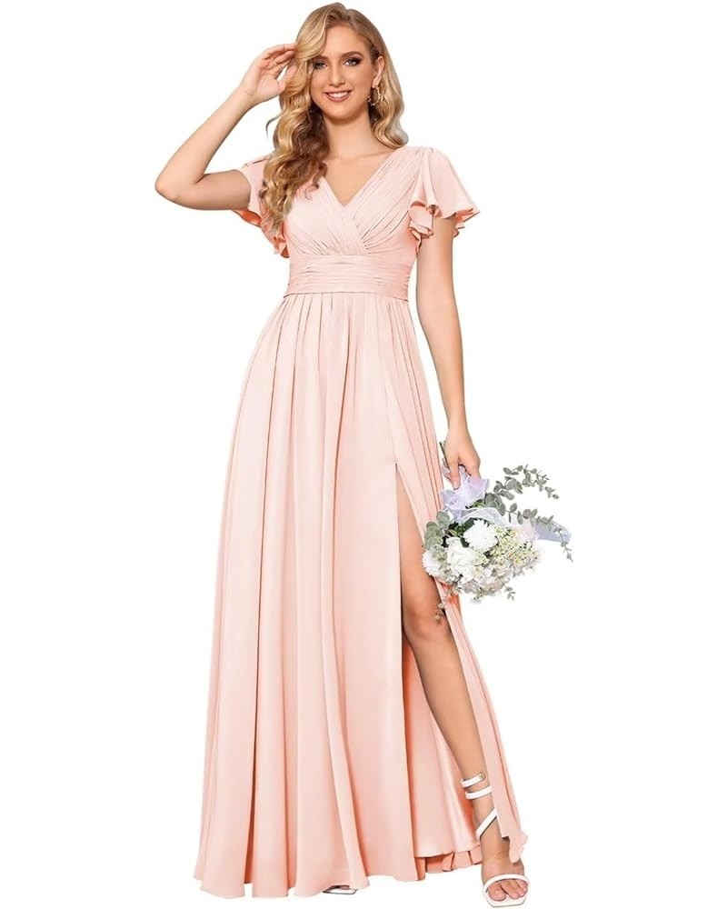 Flutter Sleeves Split Bridesmaid Dresses with Slit Long V Neck Empire Waist Formal Dress for Women Wedding YZTS113 Blush $23....