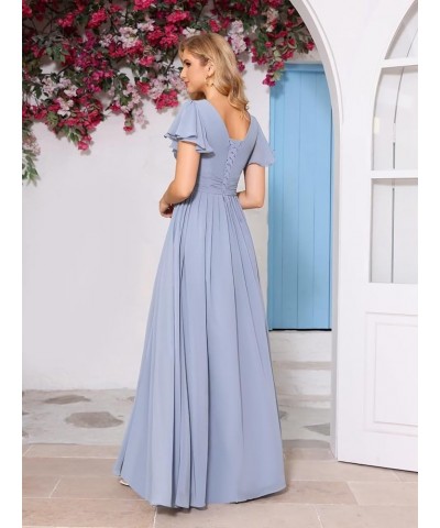 Flutter Sleeves Split Bridesmaid Dresses with Slit Long V Neck Empire Waist Formal Dress for Women Wedding YZTS113 Blush $23....