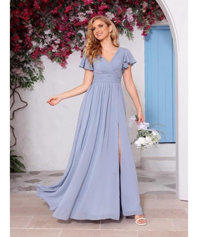 Flutter Sleeves Split Bridesmaid Dresses with Slit Long V Neck Empire Waist Formal Dress for Women Wedding YZTS113 Blush $23....