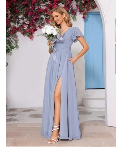 Flutter Sleeves Split Bridesmaid Dresses with Slit Long V Neck Empire Waist Formal Dress for Women Wedding YZTS113 Blush $23....