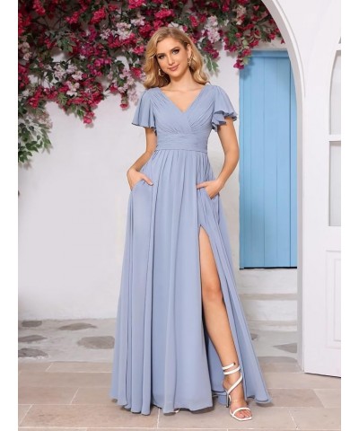 Flutter Sleeves Split Bridesmaid Dresses with Slit Long V Neck Empire Waist Formal Dress for Women Wedding YZTS113 Blush $23....