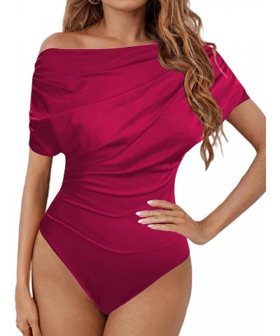 Women's Off The Shoulder Bodysuit Sexy Short Sleeve Ruched Bodycon One Piece Tops Burgundy $19.35 Bodysuits