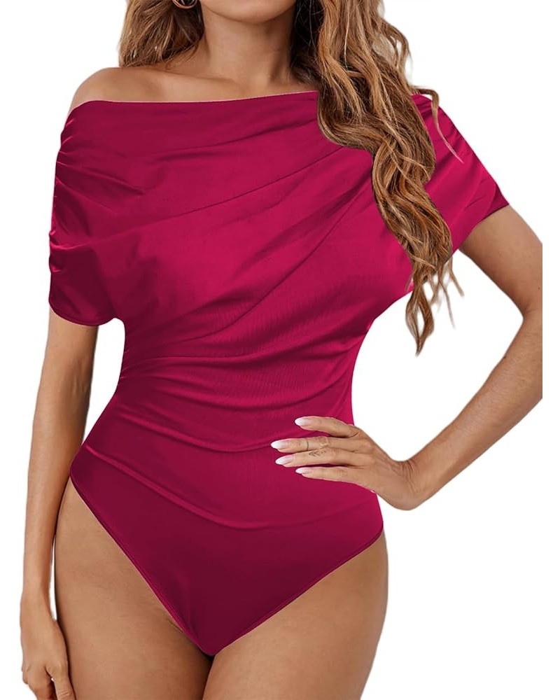 Women's Off The Shoulder Bodysuit Sexy Short Sleeve Ruched Bodycon One Piece Tops Burgundy $19.35 Bodysuits