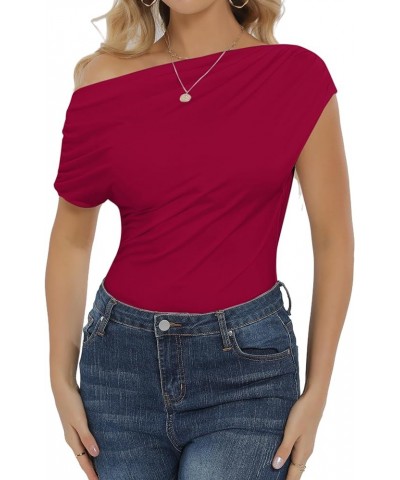 Women's Off The Shoulder Bodysuit Sexy Short Sleeve Ruched Bodycon One Piece Tops Burgundy $19.35 Bodysuits