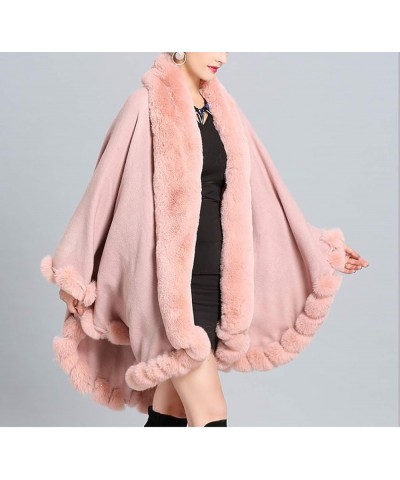 Faux Fox Fur Trim Cardigan Cloak Shawl Wraps Winter Poncho Oversized Cape Pink $30.00 Coats