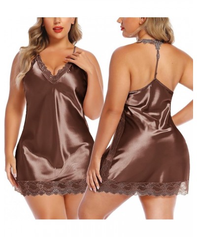 Women Lingerie Satin Lace Chemise Nightgown Sexy Full Slips Sleepwear S-4XL Brown $9.65 Lingerie