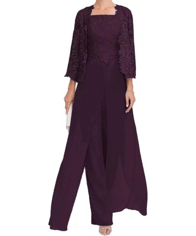 Pantsuit Mother of The Bride Dress for Women Formal 3 Pieces Outfit Jumpsuit with Lace Jacket MK07 Plum $44.81 Suits