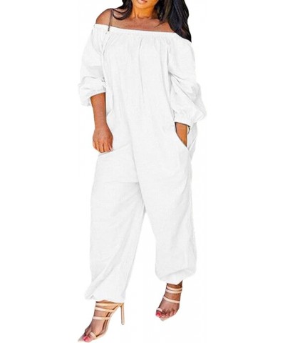 Plus Size Women Casual Solid Jumpsuits Cold Shoulder Sling Long Sleeve Jumpsuit with Pocket Long Leg Oversize Jumpsuits White...